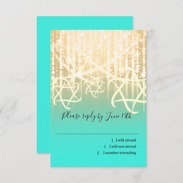 Bat Mitzvah Aqua and Gold Sparkly Lights RSVP Card (Front/Back)