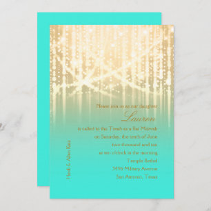 Bat Mitzvah Aqua Green and Gold Sparkly Lights Invitation