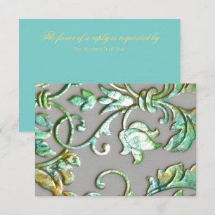 Bat Mitzvah Aqua Green Gold and Grey Damask RSVP Card