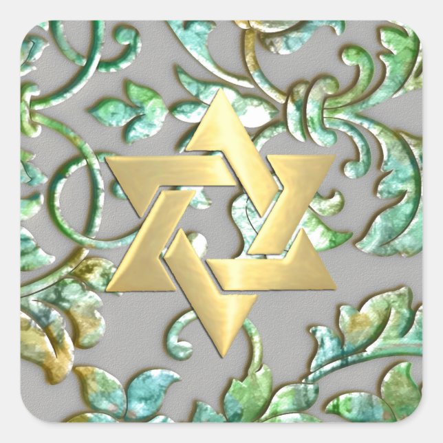 Bat Mitzvah Aqua Green Yellow and Grey Damask Square Sticker (Front)