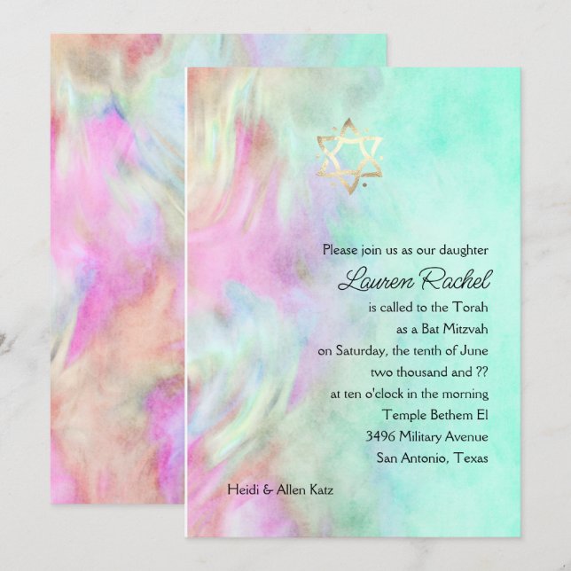 Bat Mitzvah Aqua Tie Dye Design Invitation (Front/Back)