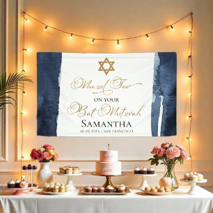 Bat Mitzvah Banner Navy Blue Watercolor Abstract