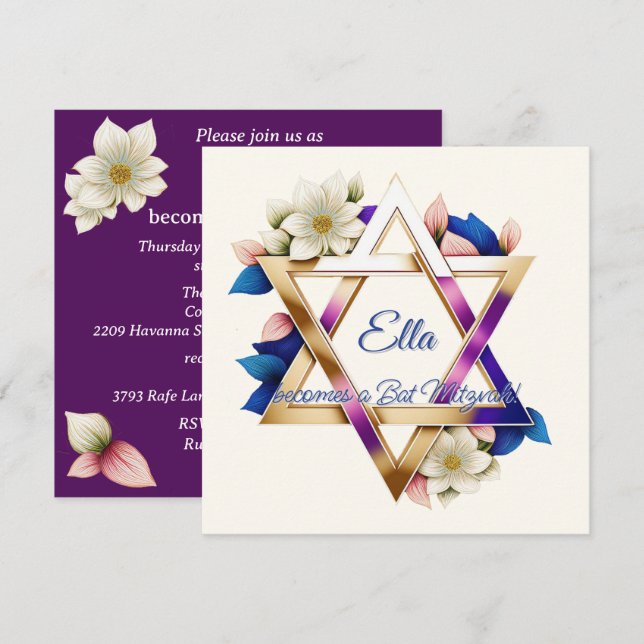 Bat Mitzvah Beautiful Floral Star of David Square  Invitation (Front/Back)