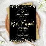 Bat Mitzvah Black Elegant Modern Script Real Gold<br><div class="desc">Be proud, rejoice and showcase this milestone of your favourite Bat Mitzvah! Send out this stunning, modern, sophisticated, personalised Hebrew name invitation for an event to remember. Graphic real gold foil calligraphy script, Star of David, and confetti dots, overlay a rich, dramatic, black background. A faux gold Star of David...</div>