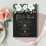 Bat Mitzvah Black Gold Floral Watercolor Script Invitation<br><div class="desc">Be proud, rejoice and showcase this milestone of your favourite Bat Mitzvah with this sophisticated, personalised invitation! A chic, stunning, white and gold glitter floral watercolor with faux gold foil script typography and white san serif type overlays a dramatic black background. Additional watercolor flowers and a gold Star of David...</div>