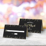 Bat Mitzvah Black Gold Foil Script Confetti Modern Place Card<br><div class="desc">No Bat Mitzvah party is complete without personalised place cards. Let your favourite Bat Mitzvah be proud, rejoice and celebrate her milestone at her perfectly coordinated party. Bold, sans serif typography and sparkly faux gold glitter tiny dots overlay a rich, dramatic, black background. On the back, white sans serif typography,...</div>