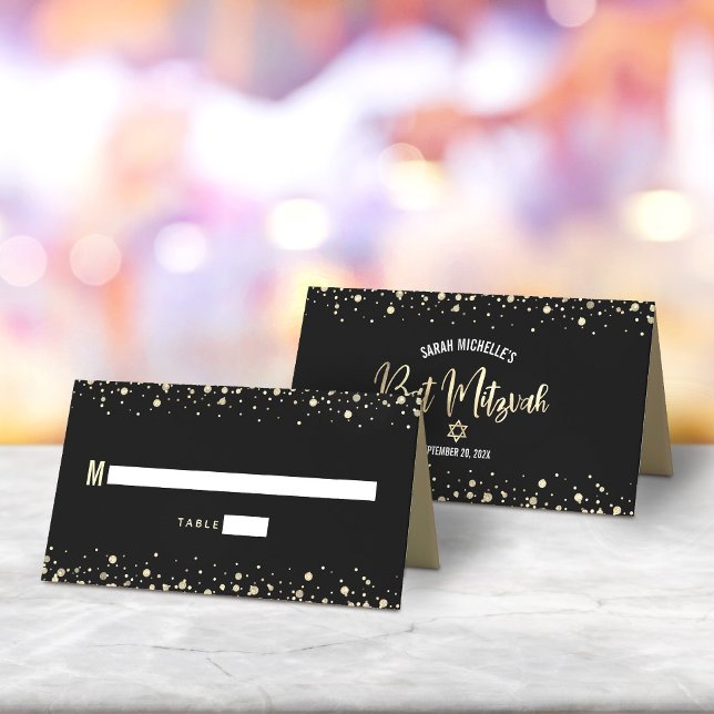 Bat Mitzvah Black Gold Foil Script Confetti Modern Place Card (Creator Uploaded)