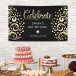 Bat Mitzvah Black Gold Foil Tree of Life Script  Banner<br><div class="desc">Be proud, rejoice and showcase this milestone of your favourite Bat Mitzvah! Hang up this stunning, modern, stylish, personalised banner to add to her special day. Graphic, abstract faux gold foil trees with sparkly Star of David and dot “leaves”, along with gold foil calligraphy script and white sans serif typography,...</div>