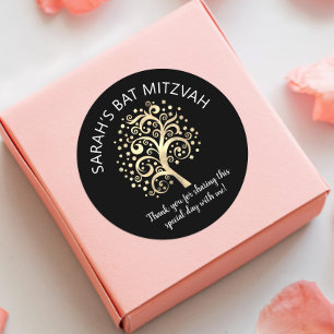 Bat Mitzvah Black Gold Foil Tree of Life Script Classic Round Sticker