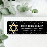 Bat Mitzvah Black Gold Glitter Bold Return Address<br><div class="desc">Be proud, rejoice and celebrate this milestone of your favourite Bat Mitzvah whenever you use this sophisticated, personalised return address label! Bold, white sans serif typography, a faux gold Star of David and tiny, faux gold confetti glitter dots overlay a sophisticated, dramatic black background. Personalise the custom text with her...</div>