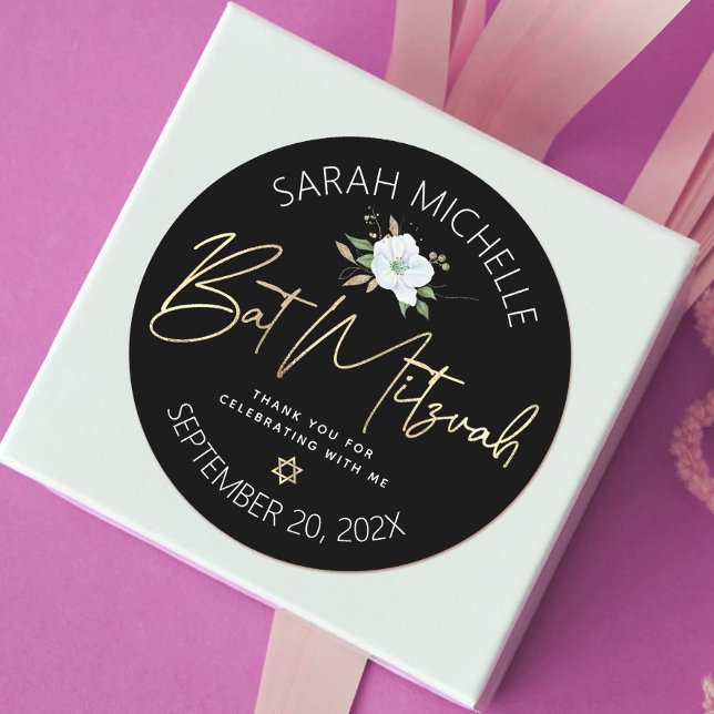 Bat Mitzvah Black Gold Script Floral Watercolor Classic Round Sticker (Creator Uploaded)