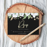 Bat Mitzvah Black Gold Script Floral Watercolor RSVP Card<br><div class="desc">Be proud, rejoice and celebrate this milestone of your favorite Bat Mitzvah with this sophisticated, personalized RSVP insert card for your event! A chic, stunning, white and gold glitter floral watercolor with faux gold foil script typography and white san serif type overlays a dramatic black background. Additional watercolor flowers and...</div>