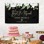 Bat Mitzvah Black Gold Script Watercolor Floral  Banner<br><div class="desc">Be proud, rejoice and showcase this milestone of your favourite Bat Mitzvah! Hang up this stunning, modern, stylish, personalised banner to add to her special day. A chic, stunning, white and gold glitter floral watercolor with faux gold foil script typography and gold san serif type overlays a dramatic black background....</div>