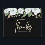 Bat Mitzvah Black Gold Script Watercolor Floral Postcard<br><div class="desc">Make sure your favourite Bat Mitzvah shows her appreciation to all who supported her milestone event! Send out this sophisticated, personalised thank you postcard! A chic, stunning, white and gold glitter floral watercolor with faux gold foil script typography and white san serif type overlays a dramatic black background. A gold...</div>