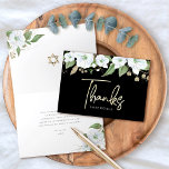 Bat Mitzvah Black Gold Script Watercolor Floral Thank You Card<br><div class="desc">Make sure your favourite Bat Mitzvah shows her appreciation to all who supported her milestone event! Send out this sophisticated, personalised thank you card! A chic, stunning, white and gold glitter floral watercolor with faux gold foil script typography and white san serif type overlays a dramatic black background. Additional watercolor...</div>