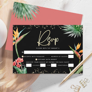 Bat Mitzvah Black Gold Tropical Palm Watercolor RSVP Card