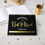 Bat Mitzvah Black Script Modern Real Gold Foil Guest Book<br><div class="desc">Let your favourite Bat Mitzvah be proud, rejoice and celebrate her milestone with this stunning keepsake scrapbook real gold foil guestbook. On the front, stunning, modern, sparkly gold foil handwritten script, Star of David and tiny dots overlay a dramatic black background. The customisable spine is real gold foil. And on...</div>