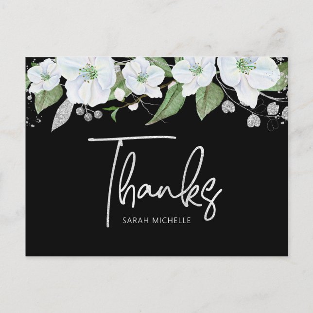 Bat Mitzvah Black Silver Script Floral Thank You Postcard (Front)