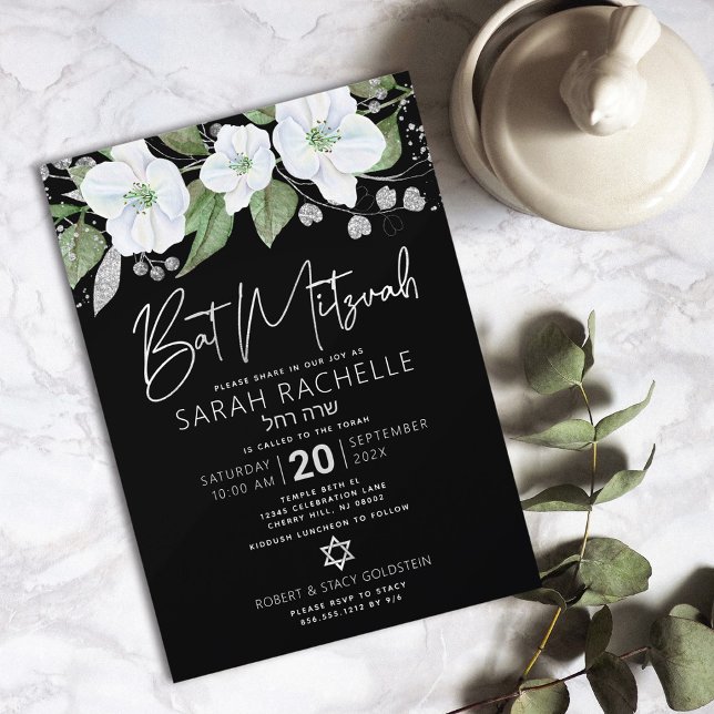 Bat Mitzvah Black Silver Script Floral Watercolor Invitation (Creator Uploaded)