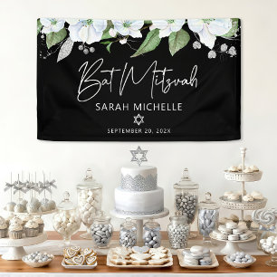 Bat Mitzvah Black Silver Script Watercolor Floral Banner
