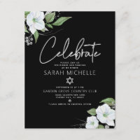 Bat Mitzvah Black Silver Script Watercolor Floral