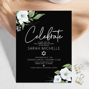 Bat Mitzvah Black Silver Script Watercolor Floral Enclosure Card