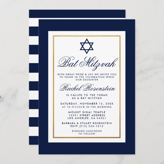Bat Mitzvah Blue and White Stripes Invitation Gold (Front/Back)
