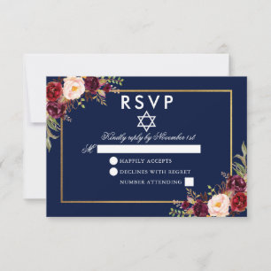 Bat Mitzvah Blue Burgundy Floral Gold RSVP Card