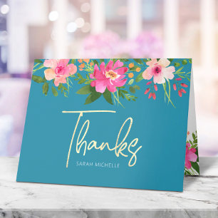 Bat Mitzvah Blue Gold Script Floral Watercolor  Thank You Card