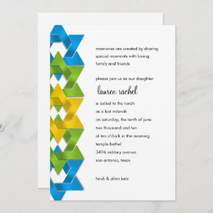 Bat Mitzvah Blue Green Yellow Stars on Any Colour Invitation