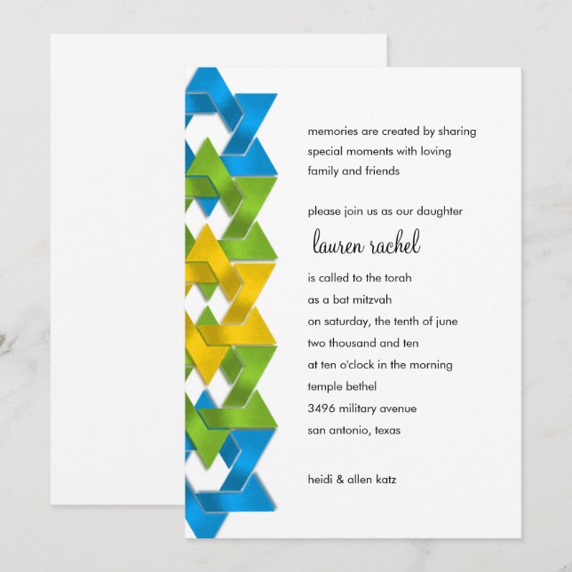 Bat Mitzvah Blue Green Yellow Stars on Any Colour Invitation (Front/Back)