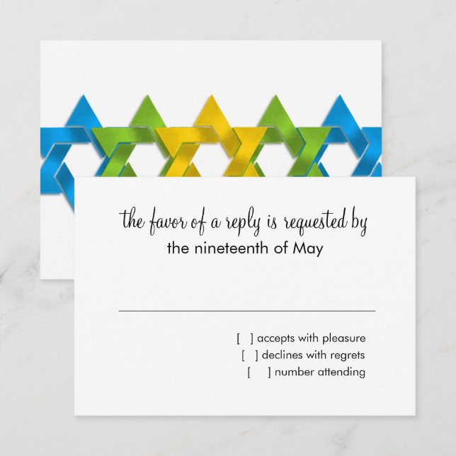 Bat Mitzvah Blue Green Yellow Stars on Any Colour RSVP Card (Front/Back)