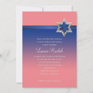 Bat Mitzvah Blue Ombre Ribbon and Star Invitation