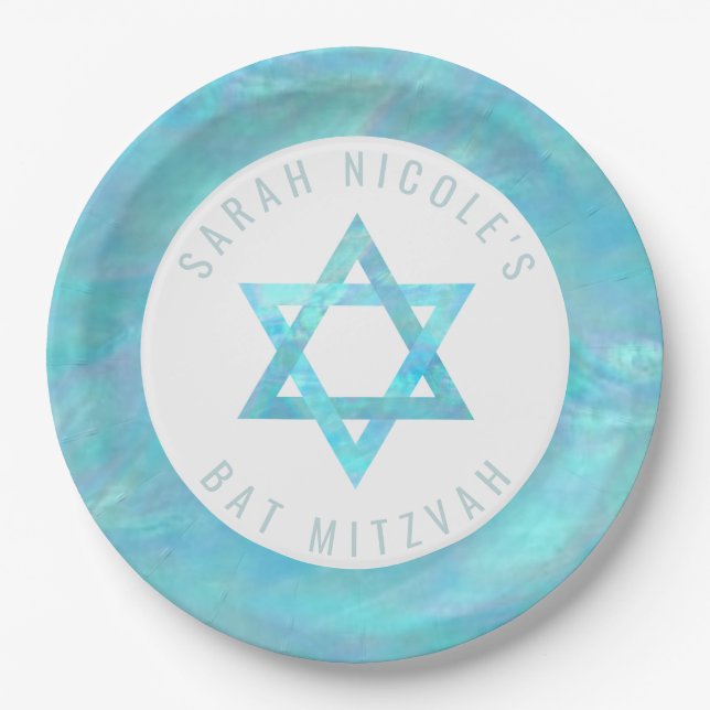 Bat Mitzvah Blue Opal Celebration Star Of David Paper Plate (Front)