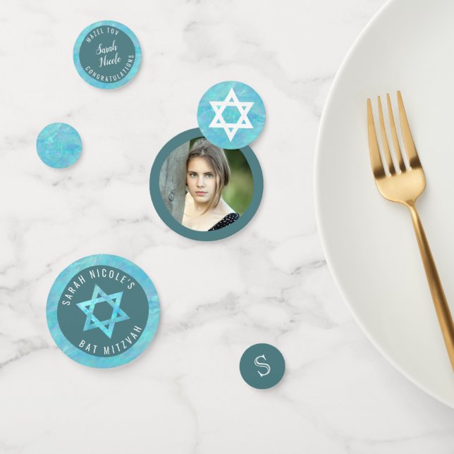 Bat Mitzvah Blue Opal Faux Watercolor Photo Confetti (Group)