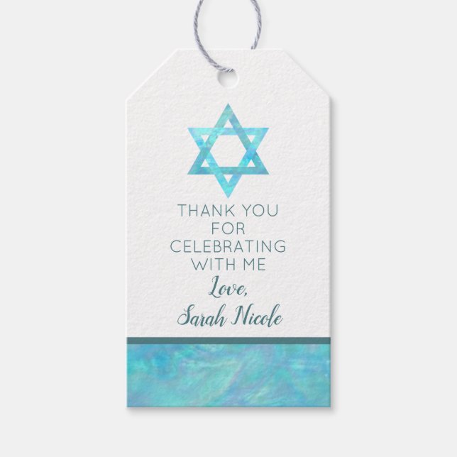 Bat Mitzvah Blue Opal Magen David Thank You Gift Tags (Front)