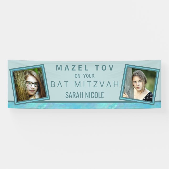 Bat Mitzvah Blue Opal Mazel Tov Add Your Photo Banner (Horizontal)
