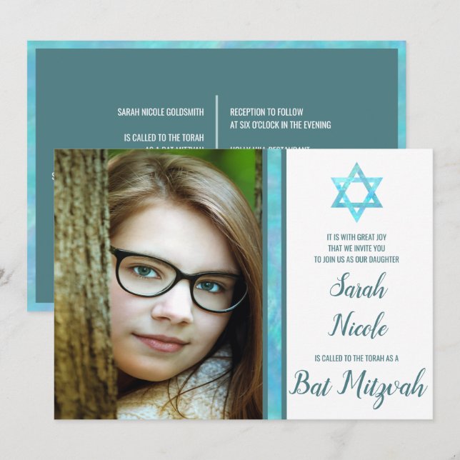 Bat Mitzvah Blue Opal Modern Photo Chic Stylish Invitation (Front/Back)