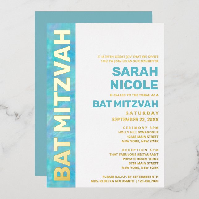 Bat Mitzvah Blue Opal Modern Typography Gold (Front/Back)