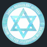 Bat Mitzvah Blue Opal Star Of David Thank You Classic Round Sticker<br><div class="desc">All text on these classic round stickers can be customised, making these faux blue opal Star of David envelope seals perfect for a Bat Mitzvah Thank You favour or for any special occasion you wish to personalise them for. The Magen David fashioned out of faux blue iridescent watercolor pops against...</div>