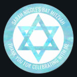 Bat Mitzvah Blue Opal Star Of David Thank You Classic Round Sticker<br><div class="desc">All text on these classic round stickers can be customised, making these faux blue opal Star of David envelope seals perfect for a Bat Mitzvah Thank You favour or for any special occasion you wish to personalise them for. The Magen David fashioned out of faux blue iridescent watercolor pops against...</div>