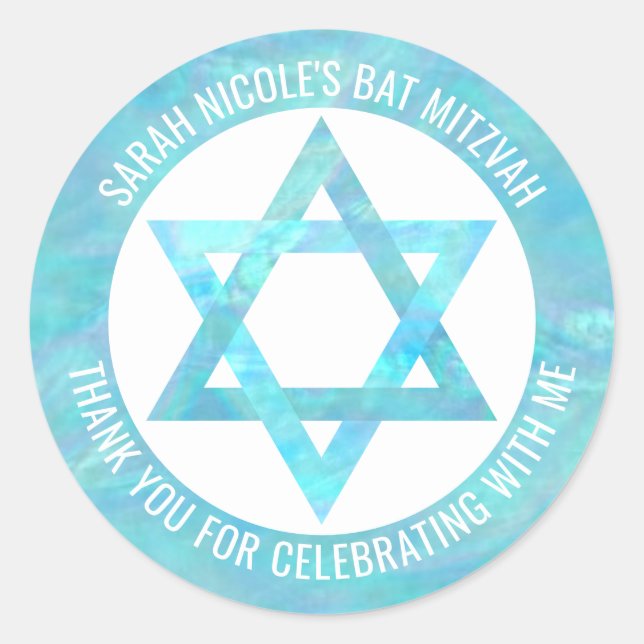 Bat Mitzvah Blue Opal Star Of David Thank You Classic Round Sticker (Front)
