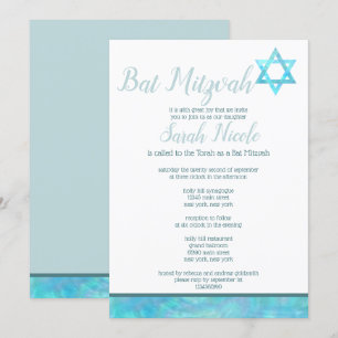 Bat Mitzvah Blue Opal Watercolor Chic Elegant Invitation