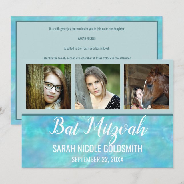 Bat Mitzvah Blue Opal Watercolor Photo Collage Invitation (Front/Back)