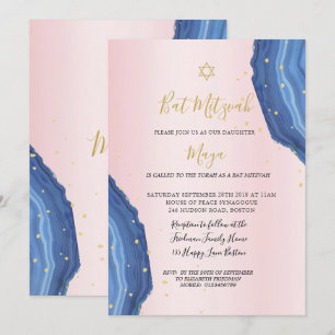 Bat Mitzvah Blue Pink Gold Jewish Invitation