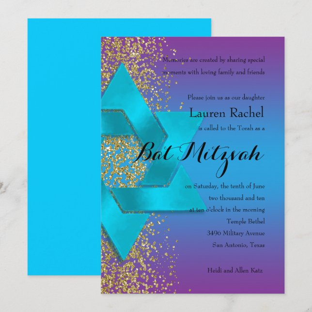 Bat Mitzvah Blue Purple Ombre Faux Gold Glitter Invitation (Front/Back)