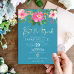 Bat Mitzvah Blue Watercolor Floral Gold Script Invitation<br><div class="desc">Be proud, rejoice and showcase this milestone of your favourite Bat Mitzvah with this sophisticated, personalised invitation! A chic, stunning, pink and peach floral watercolor with faux gold foil script typography and modern white sans serif type overlay a dusty turquoise teal blue background. Personalise the custom text with your Bat...</div>