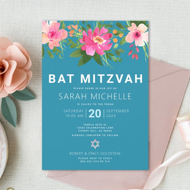 Bat Mitzvah Blue Watercolor Floral Modern Simple Invitation (Creator Uploaded)