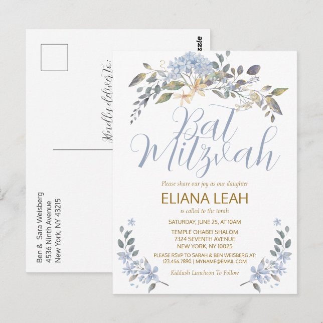Bat Mitzvah Blue Watercolor Floral Postcard (Front/Back)