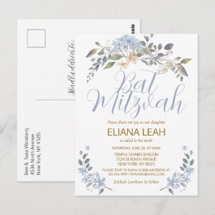 Bat Mitzvah Blue Watercolor Floral Postcard